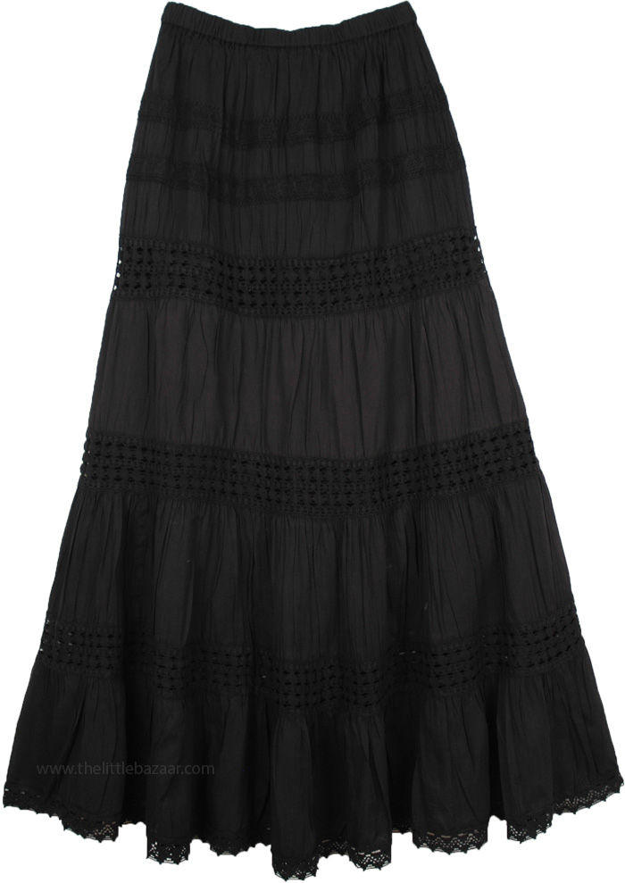 Charisma Black Tiered Long Skirt with Crochet Detail