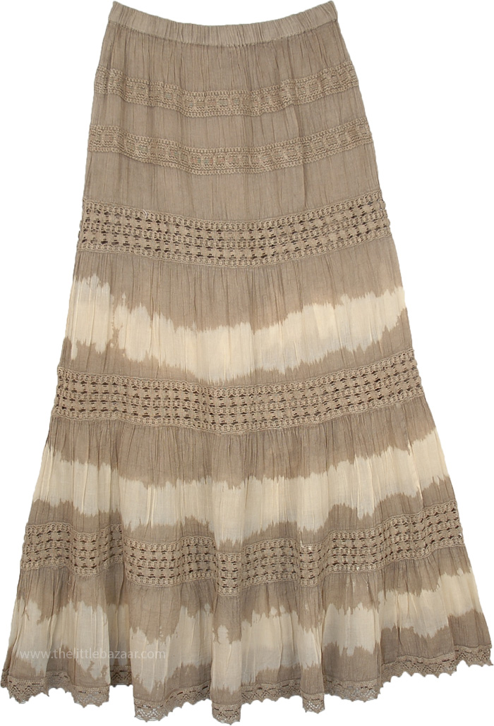 Beach Sand Brown Long Boho Tiered Skirt with Lace Work, Malta Tiered Long Khaki Brown Skirt with Crochet Detail