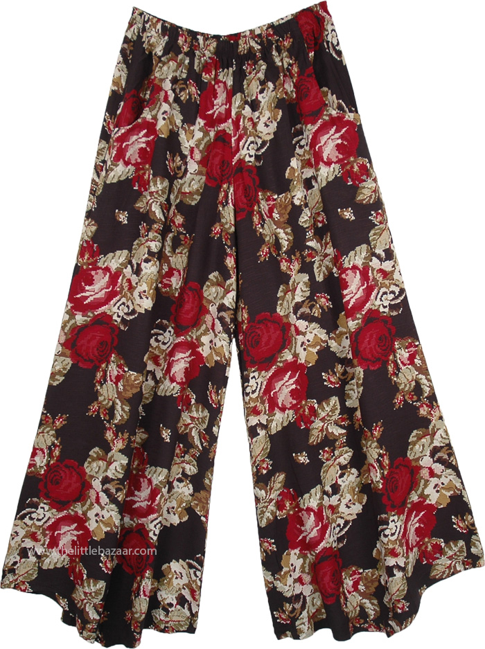 Red Rose Wide Leg Palazzo Pants with Side Pockets