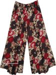Black Flared Palazzo Pants with Red Rose Flower Cross Stitch Effect [6027]