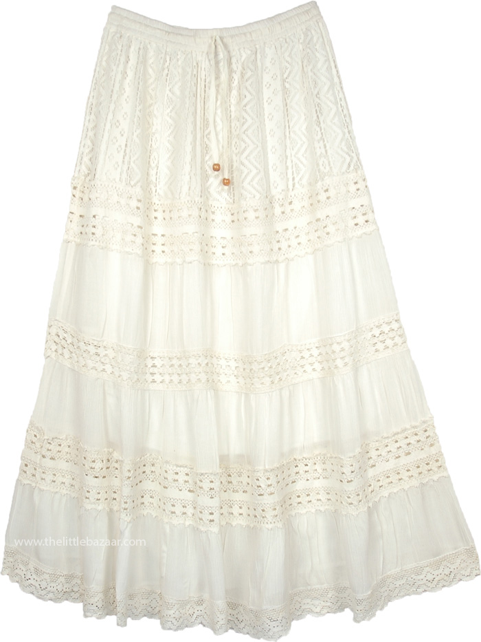 Ivory Rose Gypsy Long Lace Skirt with Crochet Tier Details | White ...