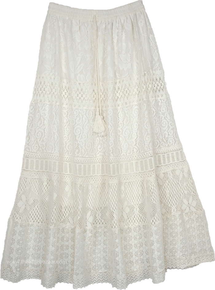 Powder White Lace Skirt with Floral Designs and Tiers, Dove White Intricate Floral Full Crochet Skirt