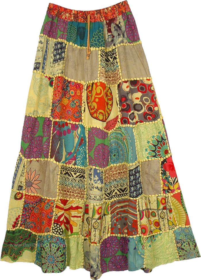 Thread and Patch Work Hip Gypsy Skirt in Banana Color