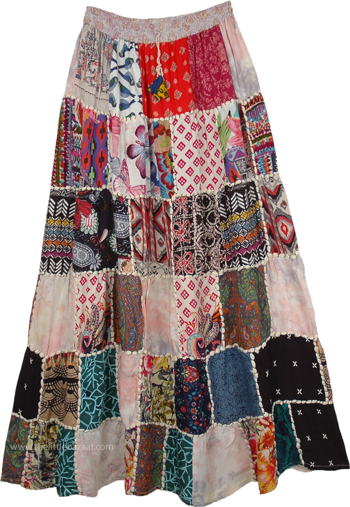 Multicoloured ThaiOnline4u Patchwork Skirt Long Boho Colorful Unique Gypsy Tiered Maxi Full Flared Rayon Large 