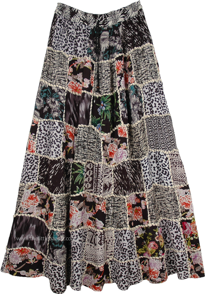 Black White Printed Patchwork Cotton Forever Gypsy Skirt