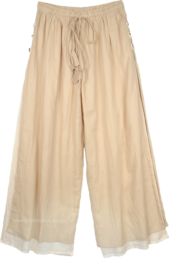 Pastel Khaki Beige Double Layered Linen Palazzo Pants