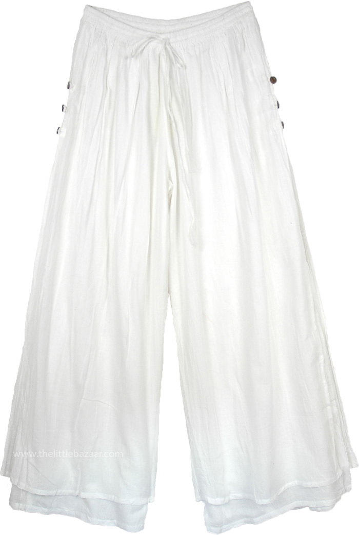 Wide Leg Pants in Solid White Color with Side Buttons and Double Layer, Double Layered Solid White Wide Leg Summer Pants
