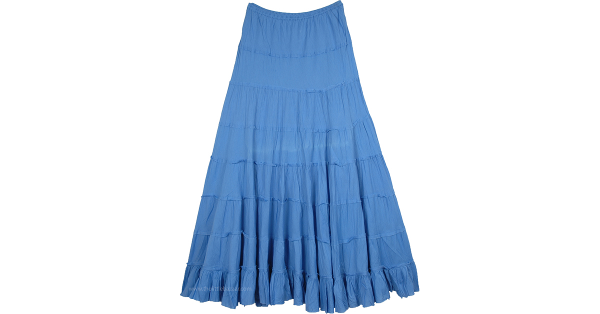 Solid Blue Flared Cotton Summer Skirt with Gathered Tiers | Blue | XL ...