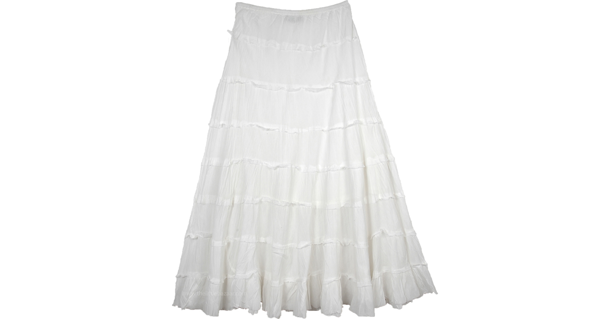 White Flared Long Cotton Skirt For Summer with Tiers | White | XL-Plus ...