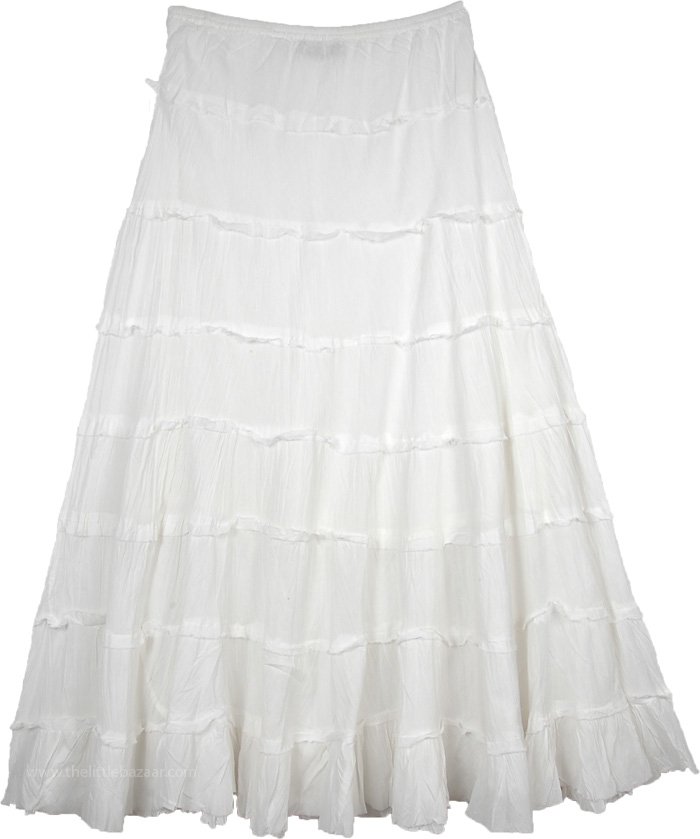 Made in India White Cotton Summer Long Skirt, White Flared Long Cotton Skirt For Summer with Tiers