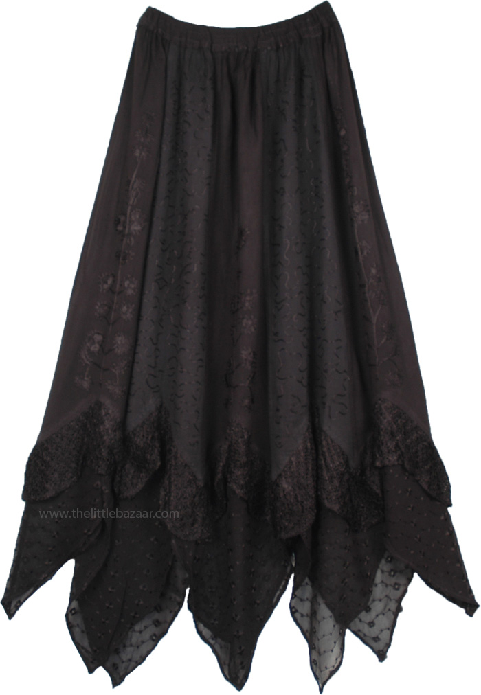 Myth Magic Black Handkerchief Hem Long Skirt with Lace