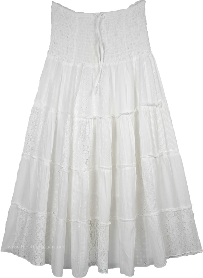 Indian Boho Tiered Skirt in White with Chikan and Lace Patches, Mixed Fabric Patchwork Long Cotton Skirt for Summer