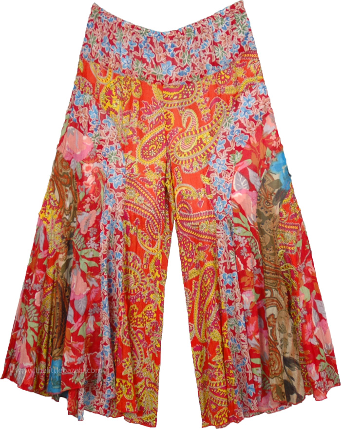 Multicolored Flared Palazzo Pants with Curved Panels and Floral Print, Wide Leg Bohemian Palazzo Pants with Vertical Patchwork