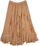 Fully Flared Gypsy Skirt with Curved Tiers and Ruffles in Beige Color [6059]