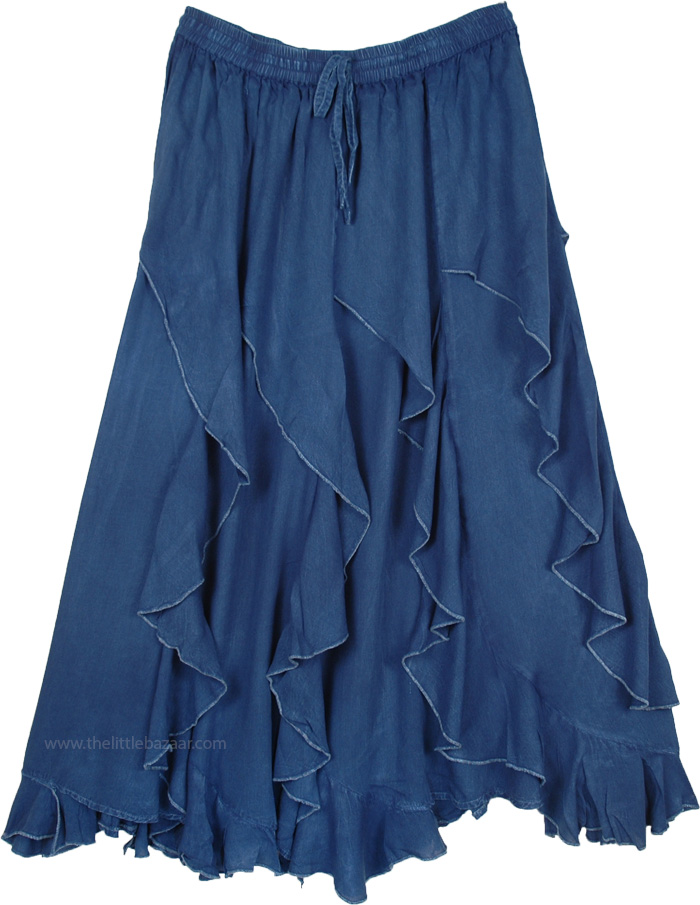 Curved Tier Asymmetrical Hem Solid Blue Skirt with Ruffles and Flare, Indigo Blue Curved Tier Skirt with Ruffles and Asymmetrical Hem