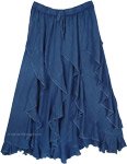 Indigo Blue Curved Tier Skirt with Ruffles and Asymmetrical Hem