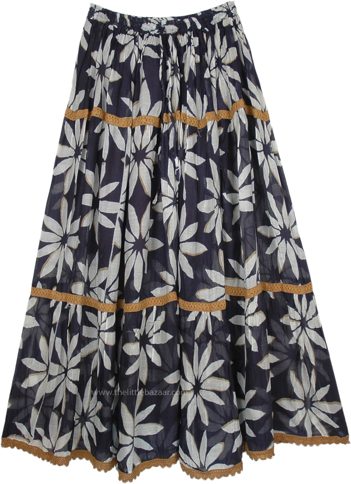 Charade Blue and White Printed Full Maxi Gypsy Skirt
