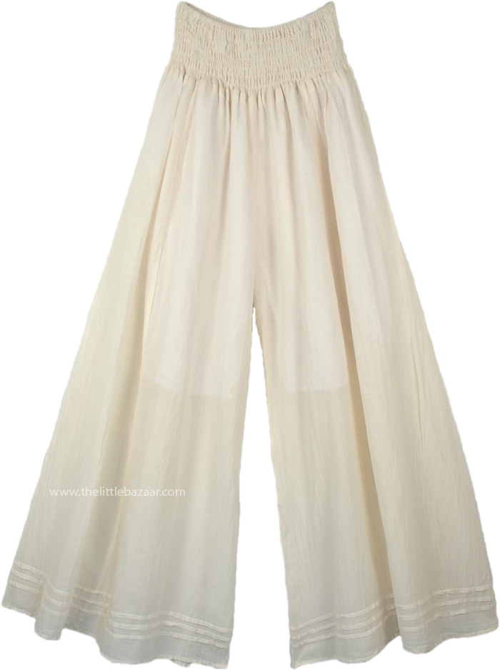 Wide Leg Full Length Summer Cotton Pants in Cool Ivory, Off-White