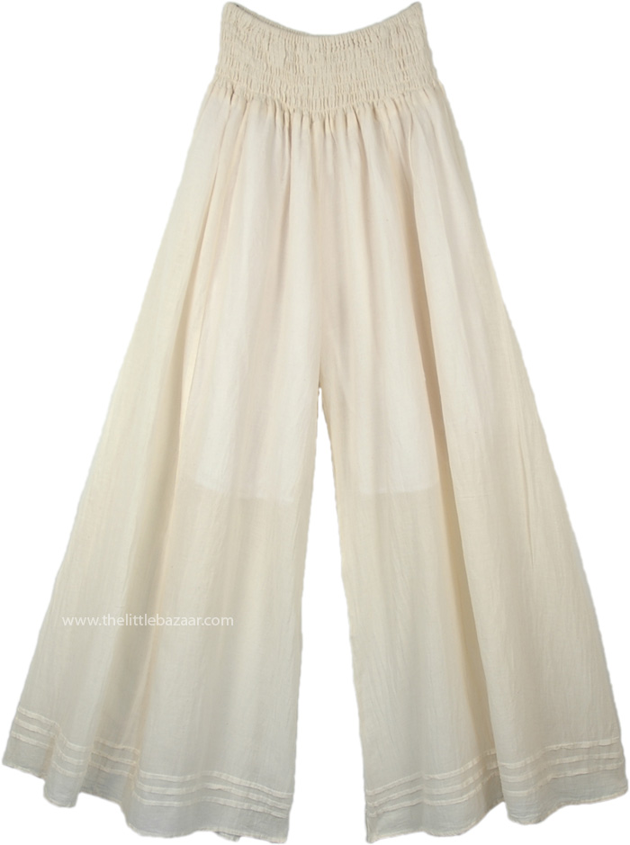 Wide Leg Full Length Summer Cotton Pants in Cool Ivory by TLB