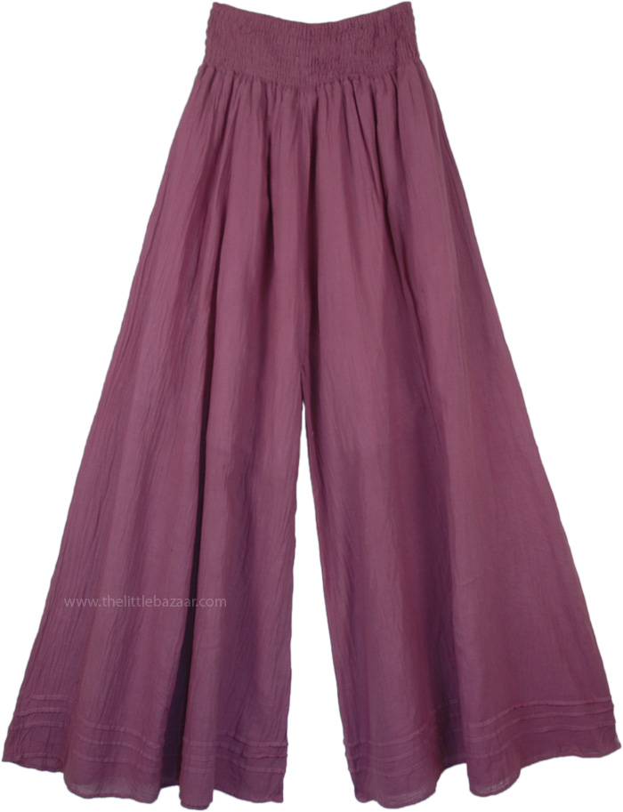 Fully Flared Wild Plum Colored Palazzo Pants with Pin Tucks at Hem, Wild Plum Wide Leg Cotton Palazzo Pants with Shirred Waist