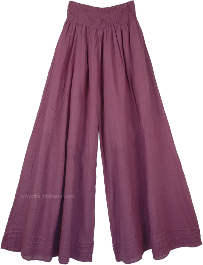 Wild Plum Wide Leg Cotton Palazzo Pants with Shirred Waist