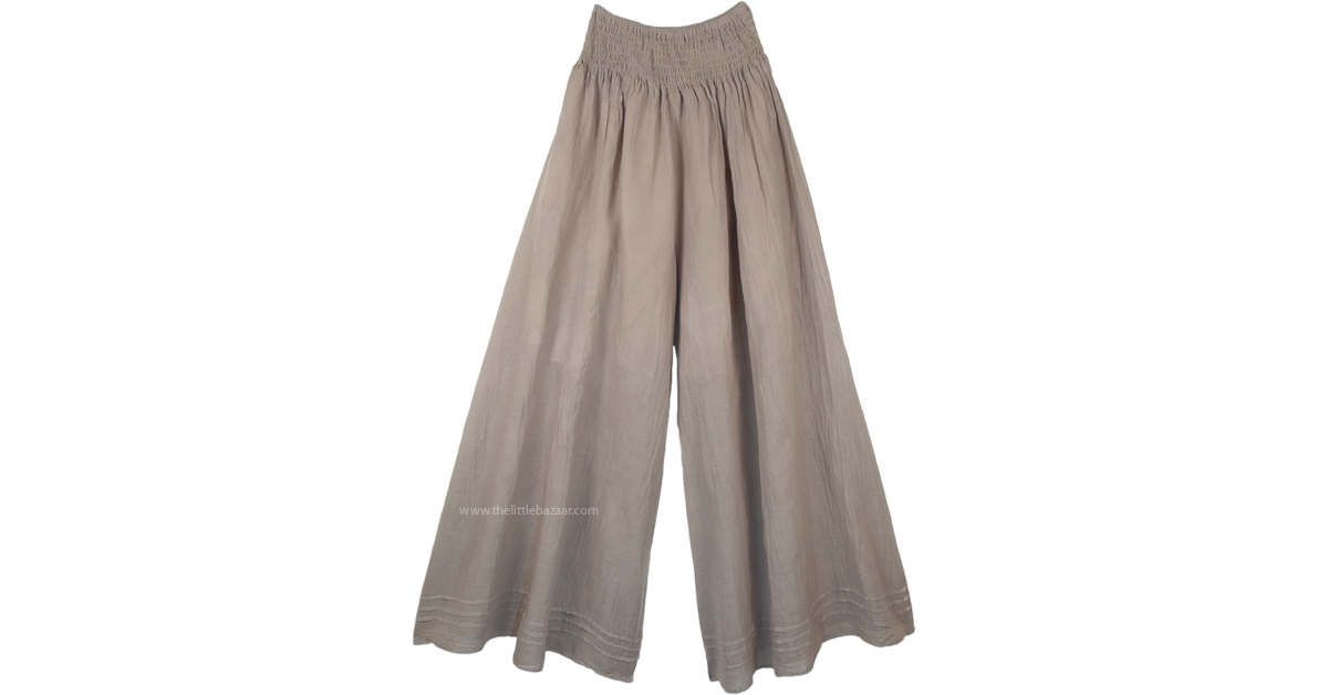 Earth Tone Wide Leg Cotton Palazzo Pants with Shirred Waist