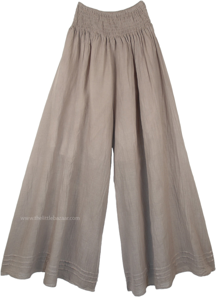 Earth Tone Wide Leg Cotton Palazzo Pants with Shirred Waist | Beige ...