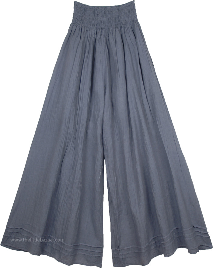 Steel Gray Palazzo Wide Leg Cotton Pants with Shirred Waist