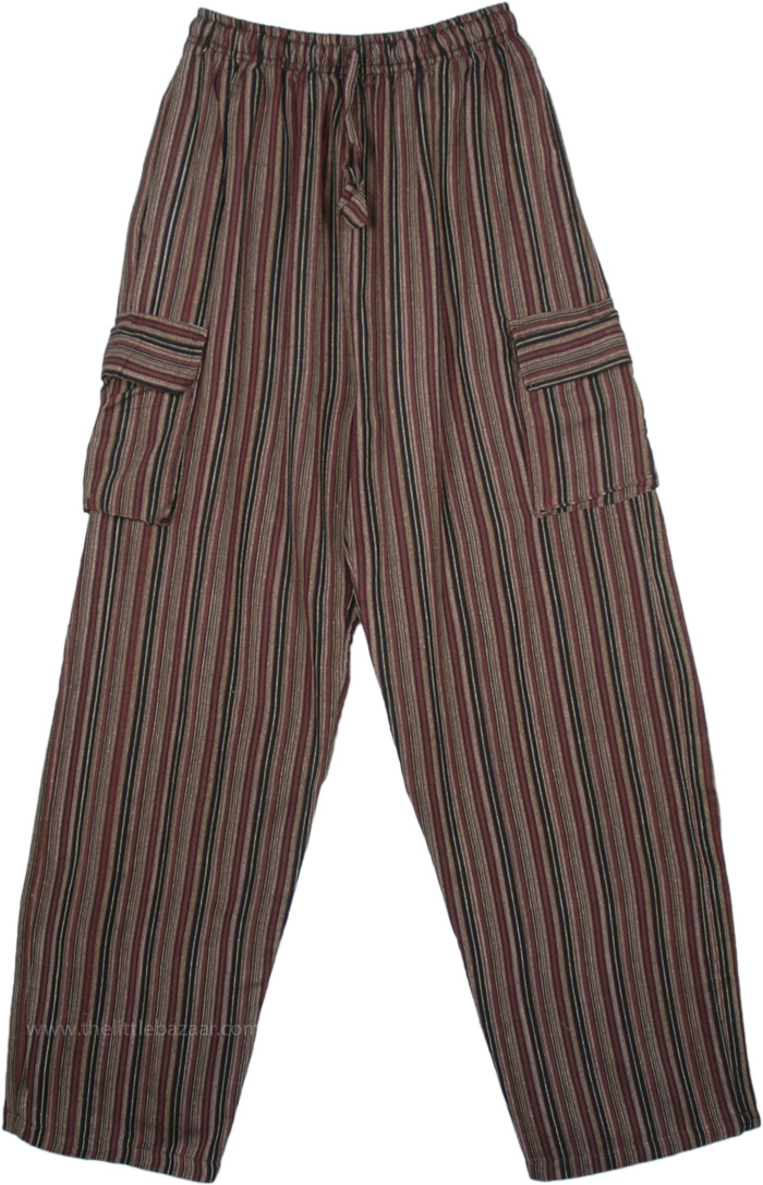 Brown Black Cotton Striped Unisex Boho Trousers with Pockets