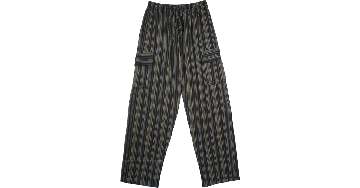 Shama Cotton Striped Unisex Boho Trousers with Pockets | Black | Split ...