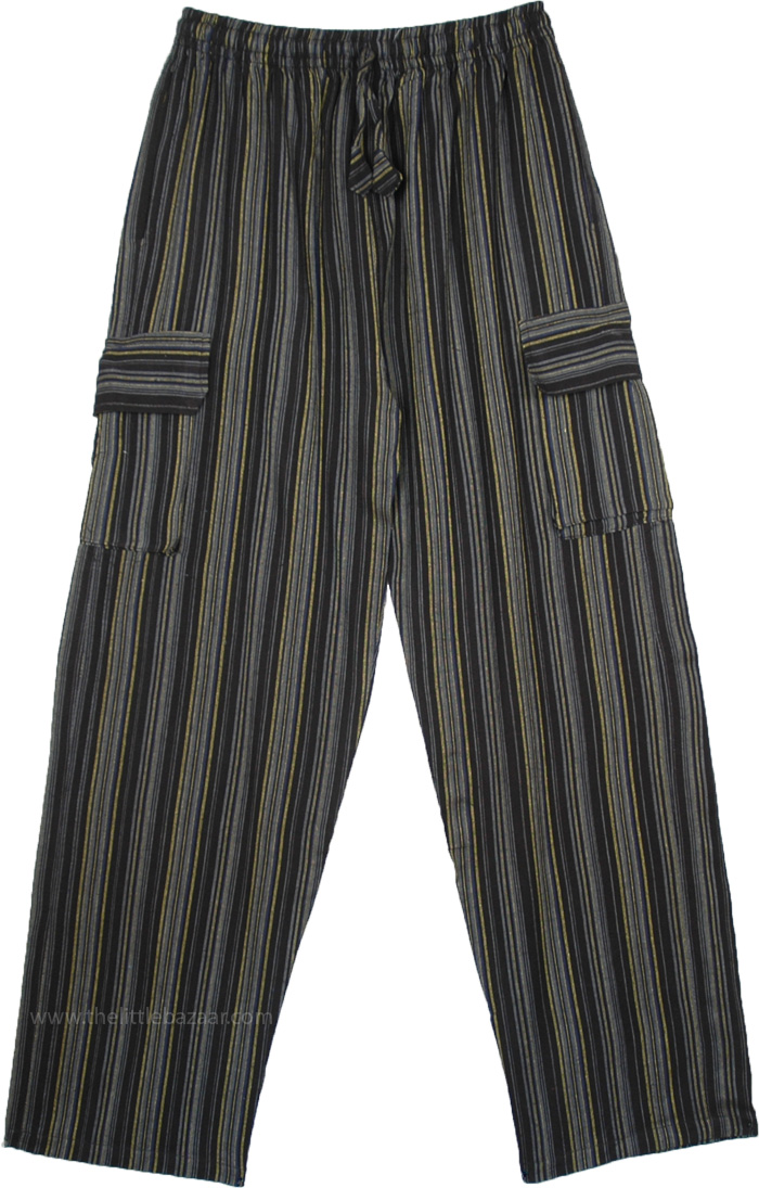 Shama Cotton Striped Unisex Boho Trousers with Pockets | Black | Split ...