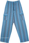 Blue Striped Cotton Unisex Bohemian Trousers with Pockets
