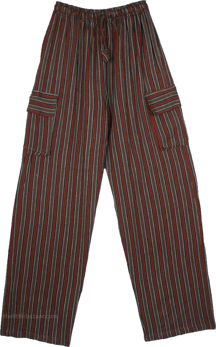 Green Black Trousers with Pockets Cotton Striped Unisex Boho Pants