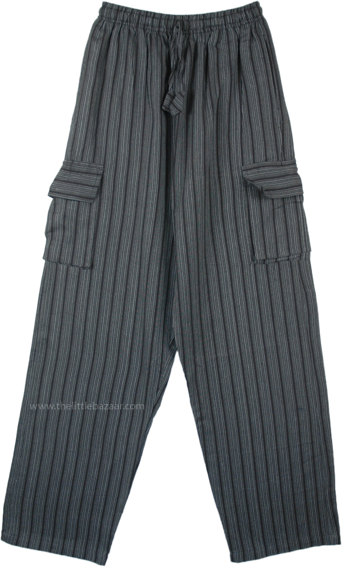 Grey Black Striped Cotton Unisex Boho Trousers with Pockets | Black ...