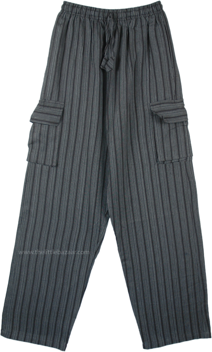 Grey Black Striped Cotton Unisex Boho Trousers with Pockets