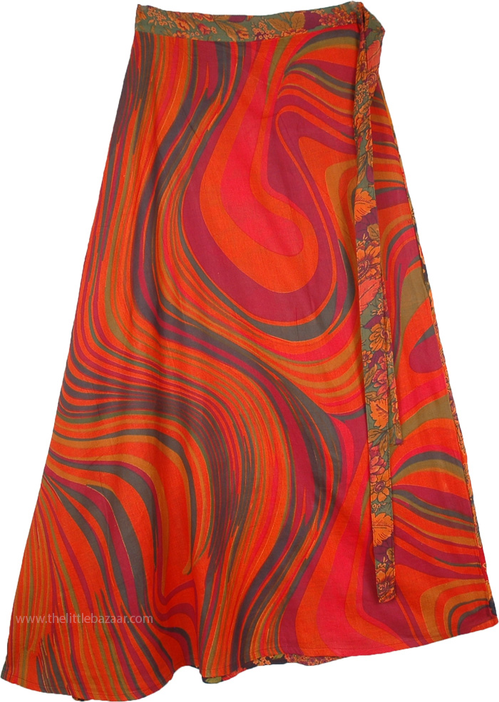 Reversible Hippie Wrap Skirt In Orange Floral Patchwork