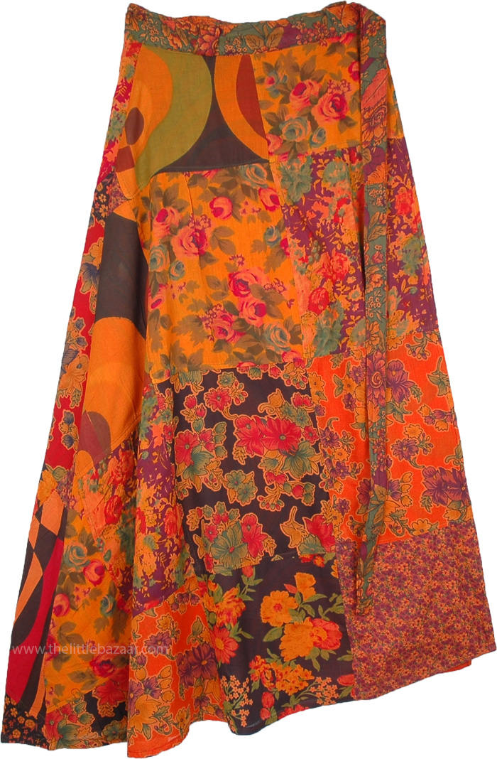 Reversible Hippie Wrap Skirt In Orange Floral Patchwork