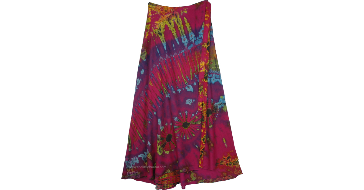 XXL Tangy Pink Long Wrap Skirt with Boho Tie Dye | Pink | Wrap-Around ...