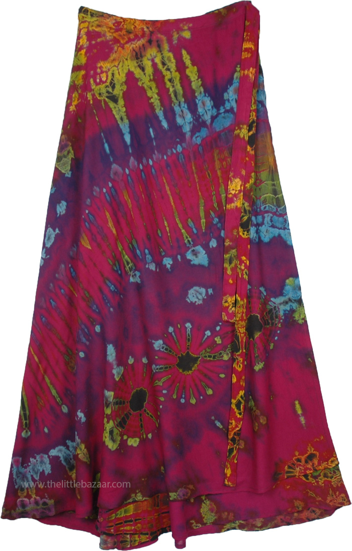 XXL Tangy Pink Long Wrap Skirt with Boho Tie Dye