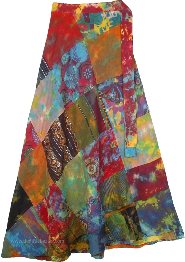 Mountain Gypsy Patchwork Skirt with Multicolor Tie Dye Effect , Soulful Gypsy Tie Dye Patchwork Wrap Around Skirt