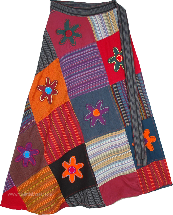 Striped Wrap Around Skirt with Floral Patch Work in Multicolored Shades, Colorful Gypsy Wrap Skirt with Floral Applique Work Petite Ankle