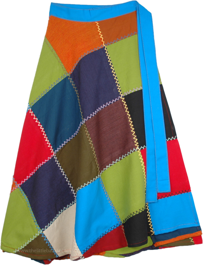 Casual Summer Hippie Wrap Up Skirt in Multicolor Solid Patch Work, Prismatic Solid Patchwork Wrap Around Mid Length Skirt