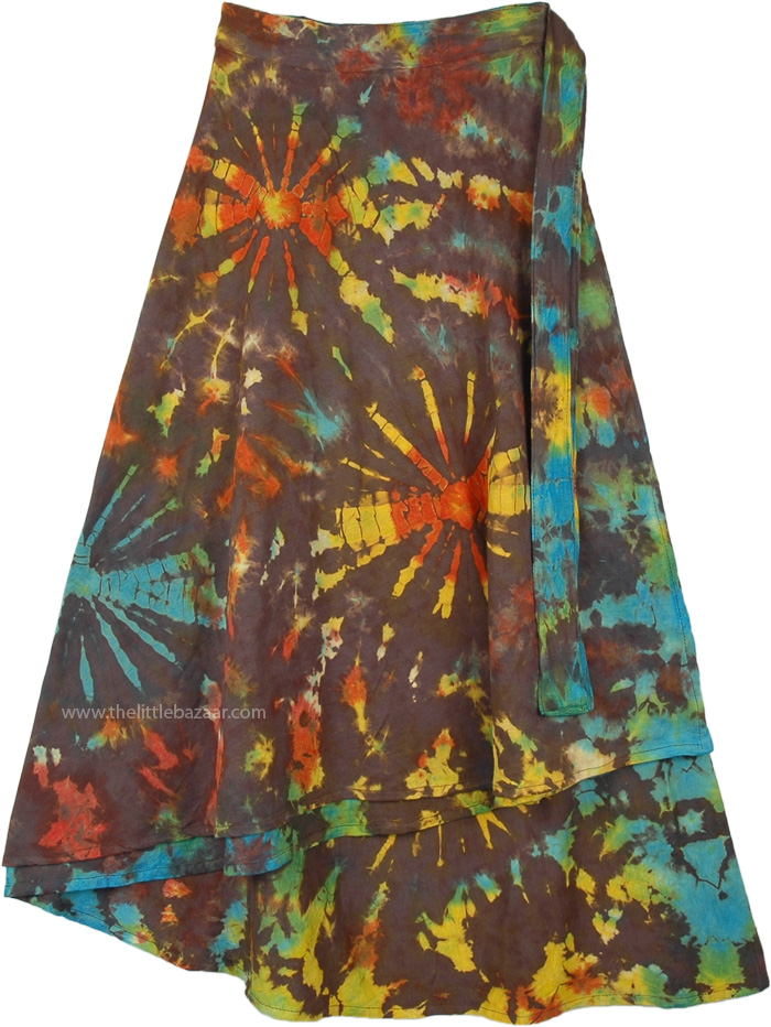 Colorful Gypsy Petite Skirt with Wrap Around Waist and Tie Dye, Color Splash Tie Dye Cotton Petite Wrap Skirt