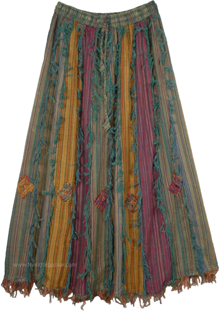 Multicolor Gypsy Long Skirt with Fringed Patchwork and Embroidery, Vertical Patchwork Bohemian Gypsy Skirt with Thread Fringes