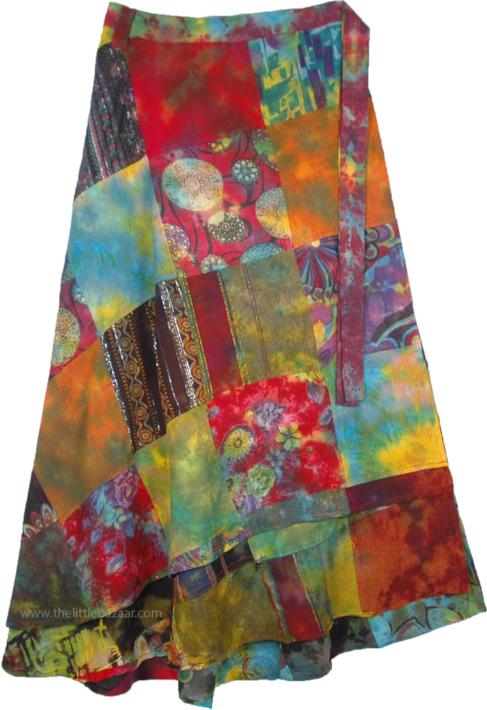 Plus Size Long Hippie Skirt with Multicolor | Multicoloured | Wrap-Around-Skirt, Patchwork, XL-Plus, Floral, Printed, Tie-Dye,