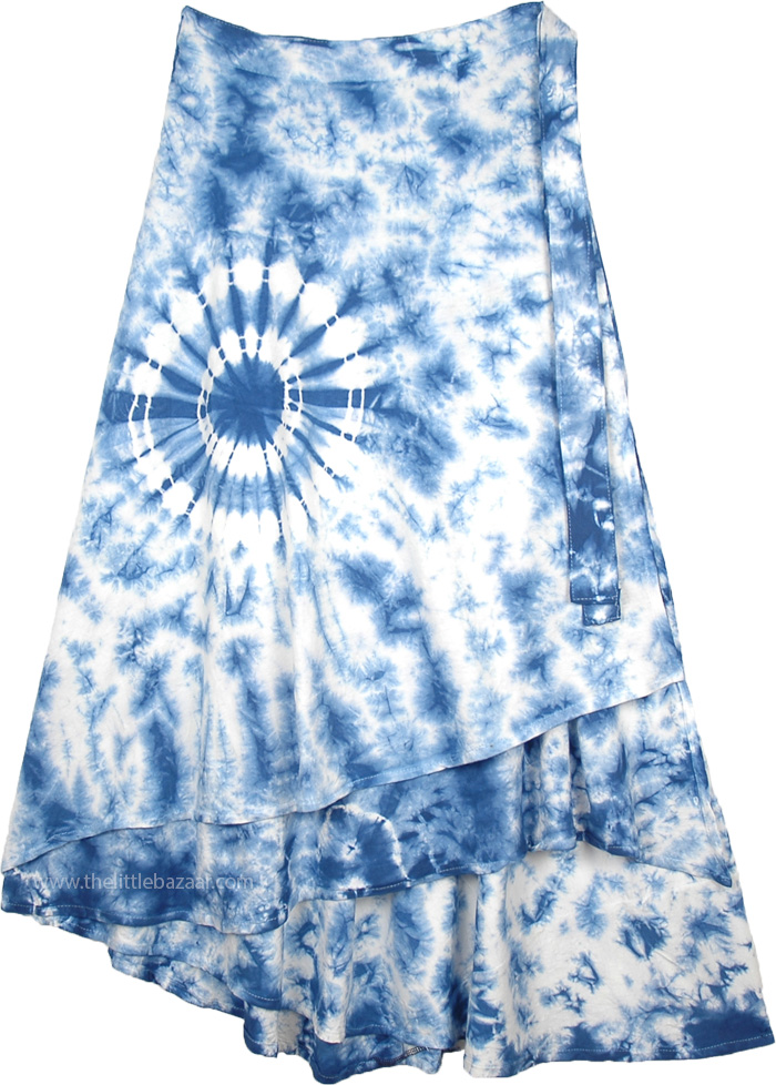 Summer Spirit Tie Dye Wrap Around Skirt in Blue and White Colors, Plus Size Blue Tie Dye Long Cotton Skirt for Summer
