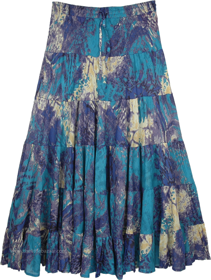 Celest Blue Wave Boho Gypsy Long Flared Skirt