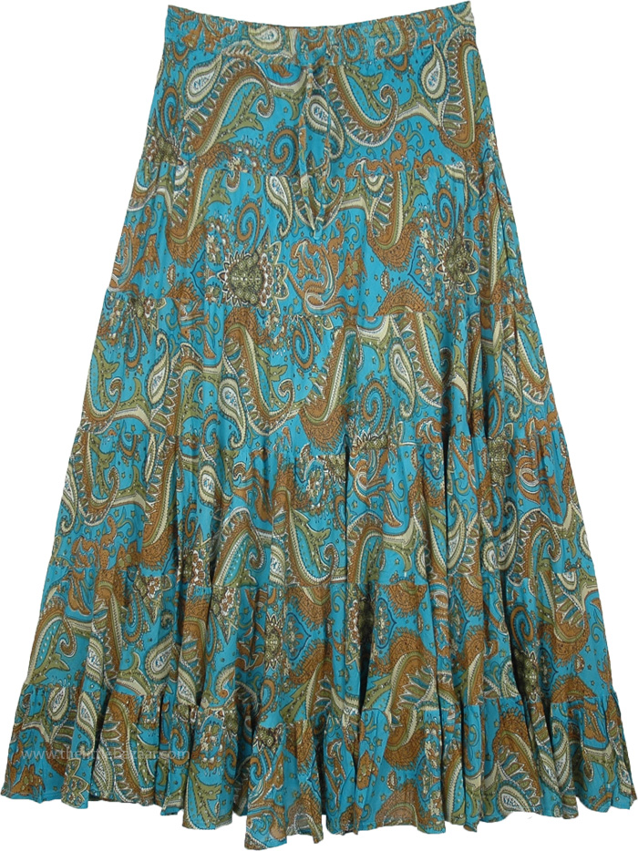 Indian Blue Skirt with Paisley and Floral Motifs in Brown, Tipsy Teal Paisley Print Long Cotton Skirt for Summer