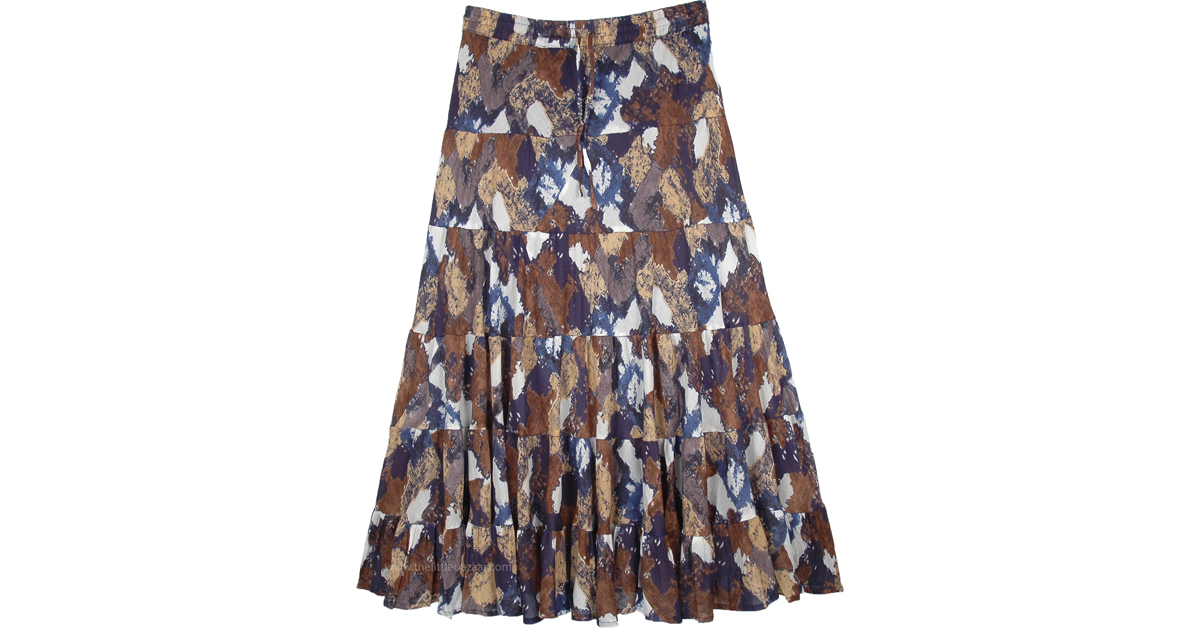 Artist Cotton Tiered Skirt with Blue and Brown Graphic | Brown