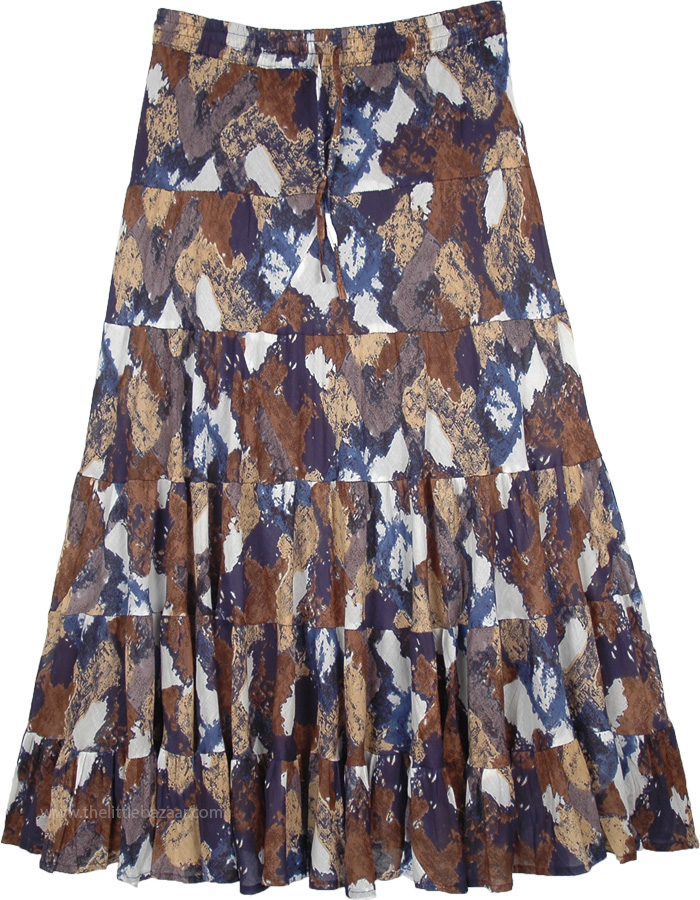 Indian Long Skirt with Flared Panels and Modern Gypsy Prints in Blue and Brown, Artist Cotton Tiered Skirt with Blue and Brown Graphic